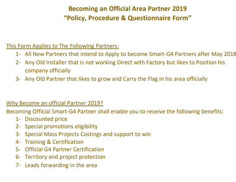 Smart G4 Dealership application and Product Selection Questionare 2019 (Mandatory)